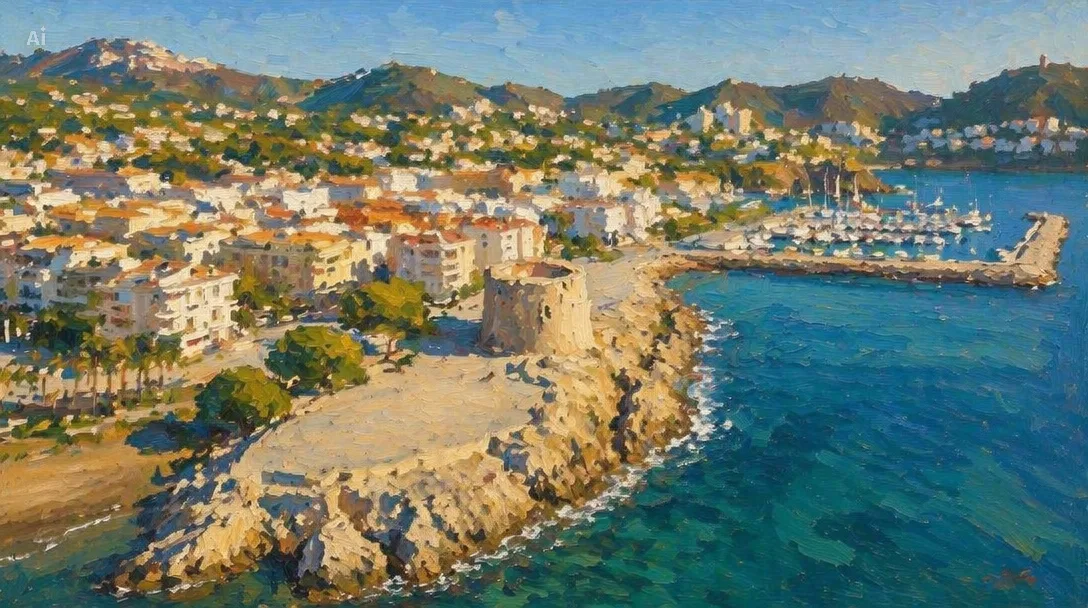 Painterly view of Moraira coastline and town